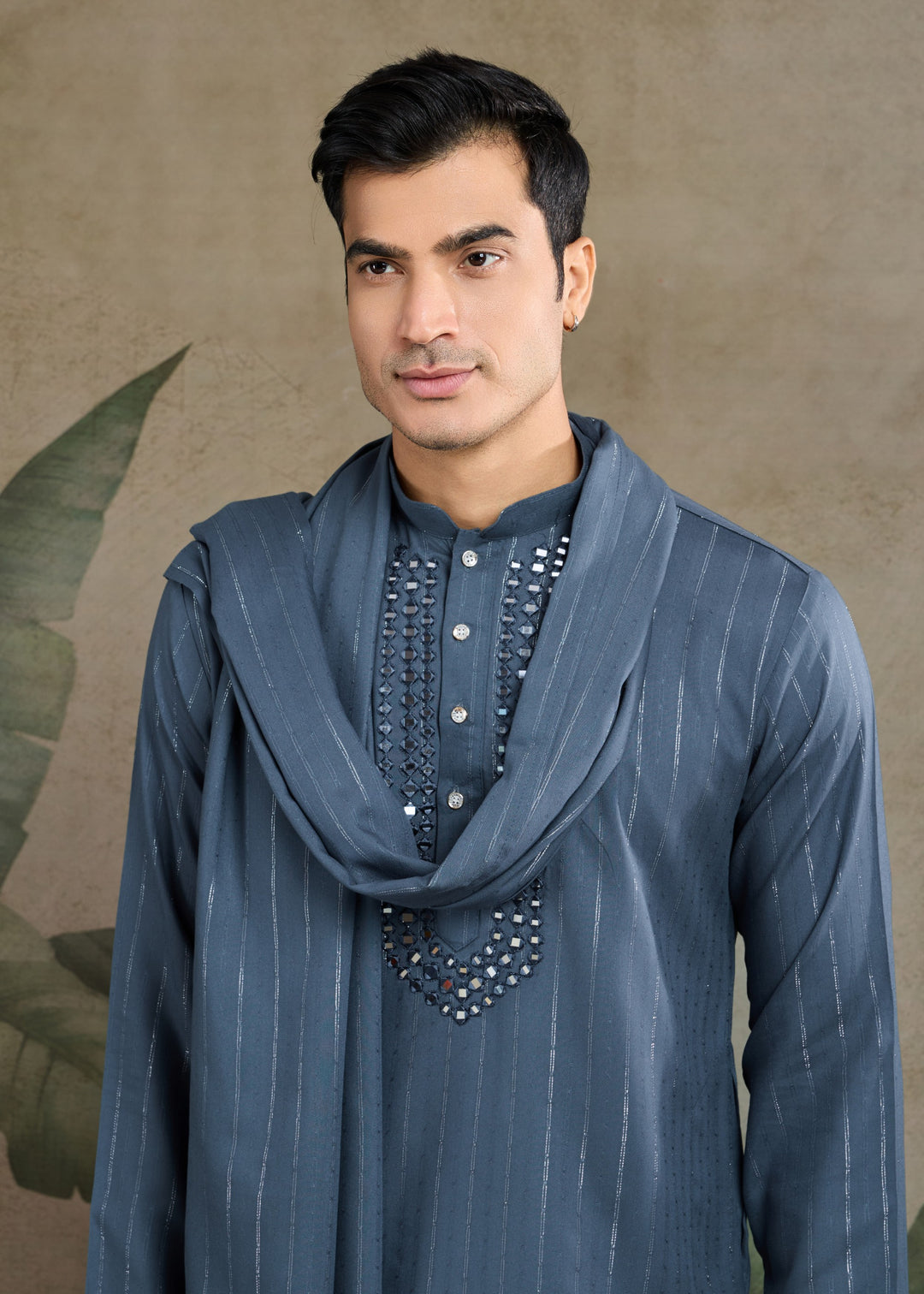 Steel Blue Viscose Rayon Mens Kurta With Self Design Zari And Mirror Work