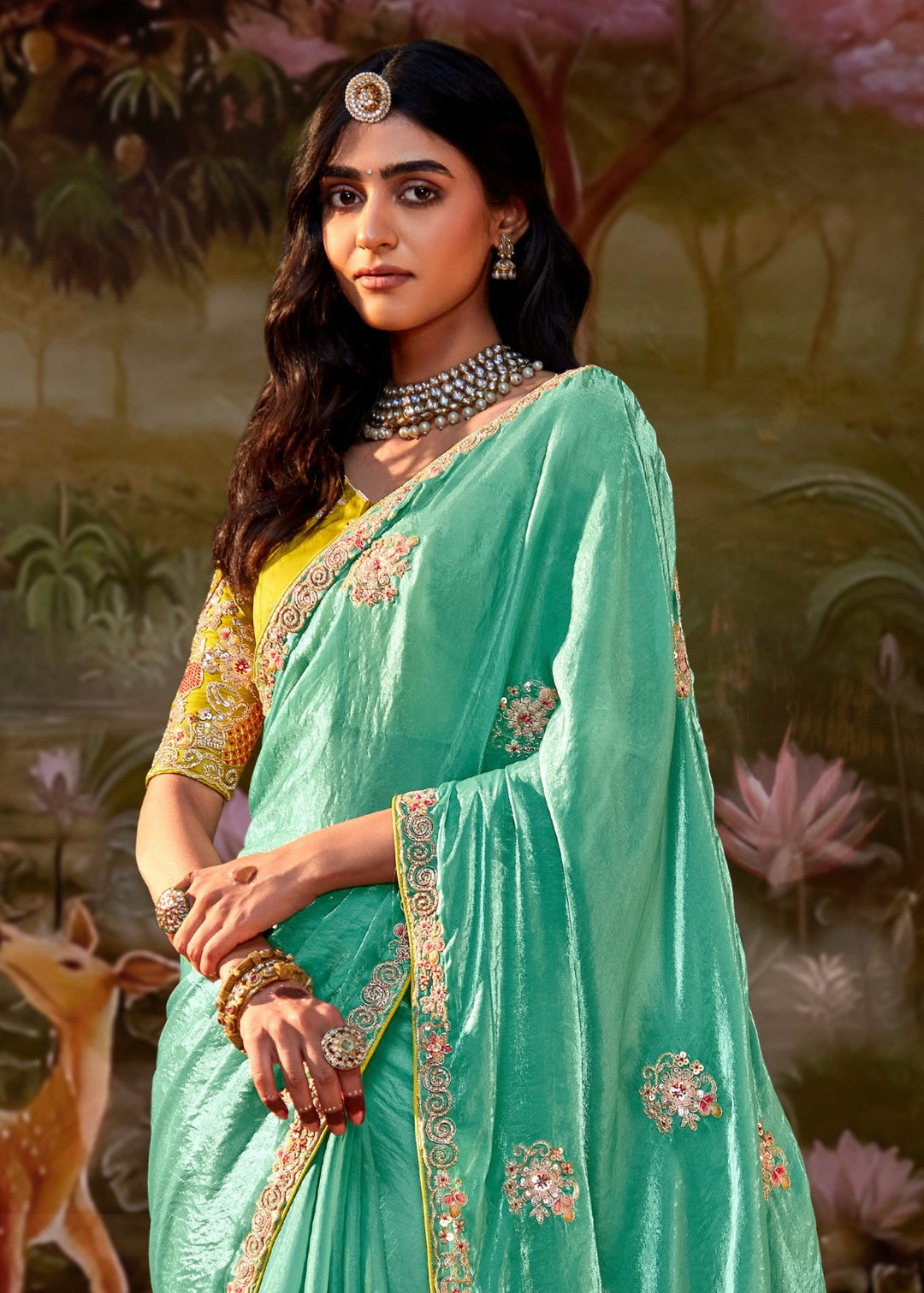 Mustard And Aqua Green Saree With Embroidery And Handwork Designer Cut Border