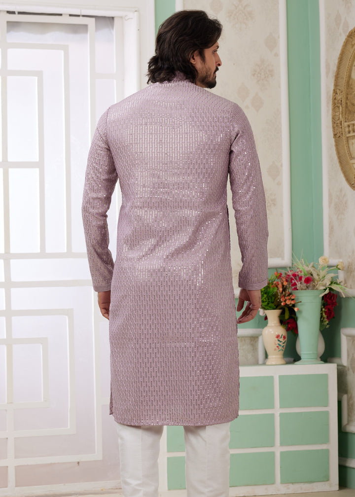 Thistle Purple Silk Mens Kurta Set With Thread Embroidery Work