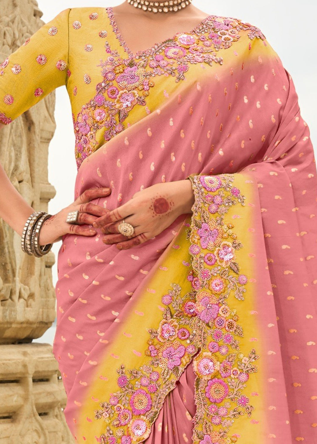 Neon Pink Silk Saree With Embroidery Cut and Butti Work