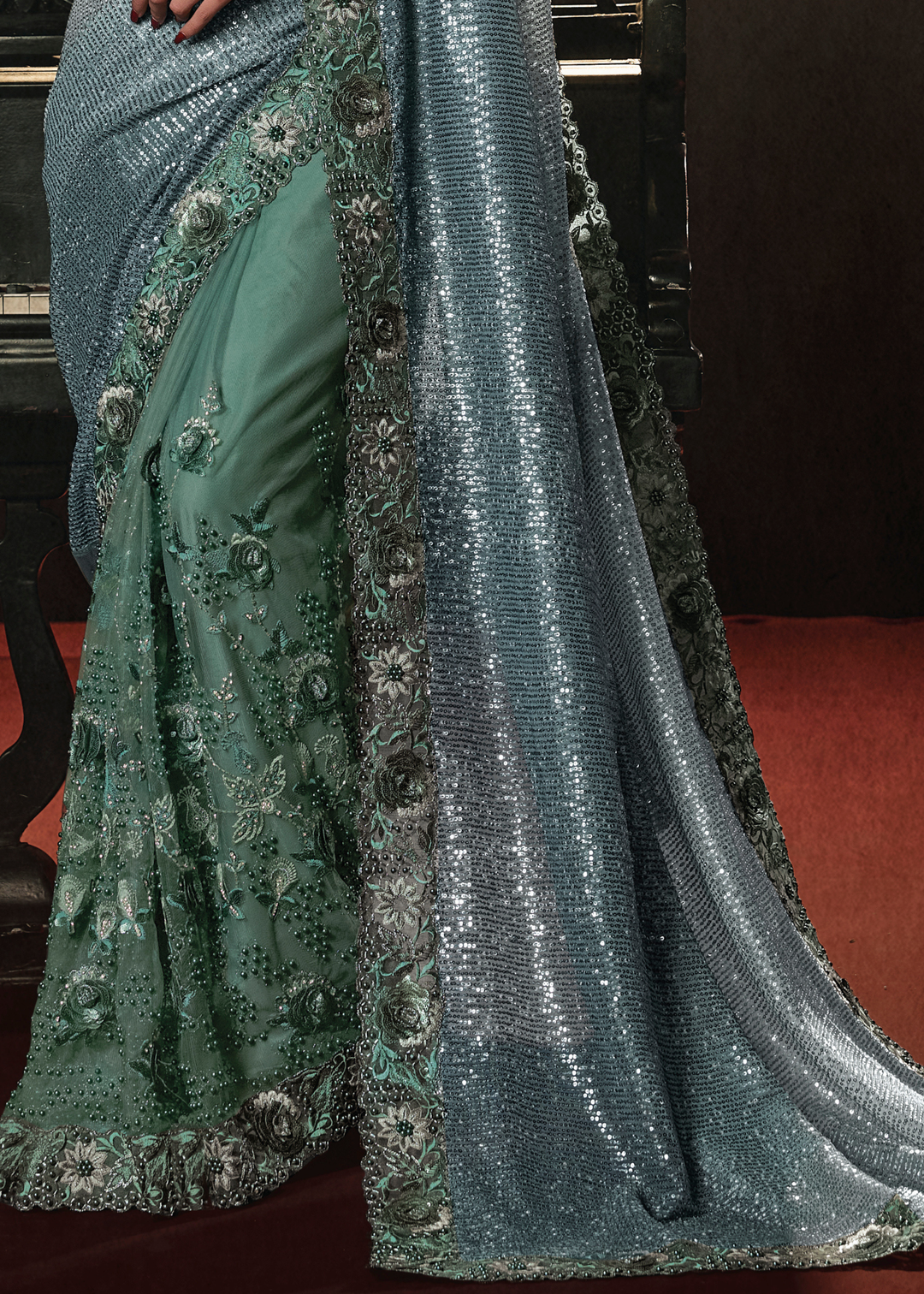 Shades Of Green Digital Net Saree with Thread, Sequence,Zarkan,Moti and Flower Applique work