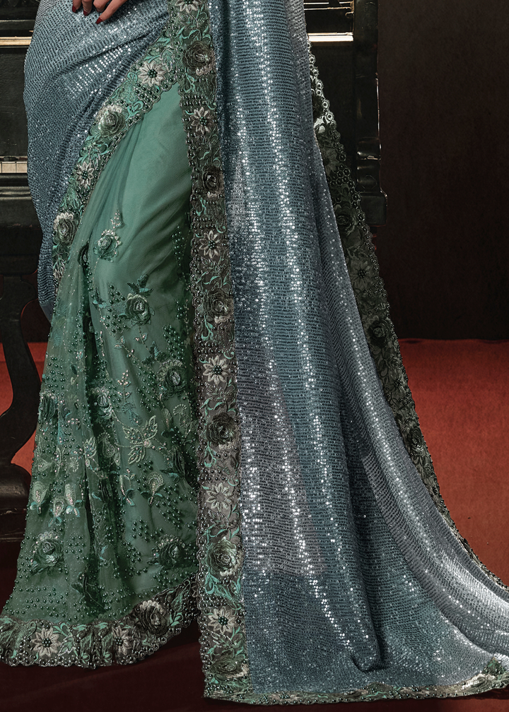 Shades Of Green Digital Net Saree with Thread, Sequence,Zarkan,Moti and Flower Applique work