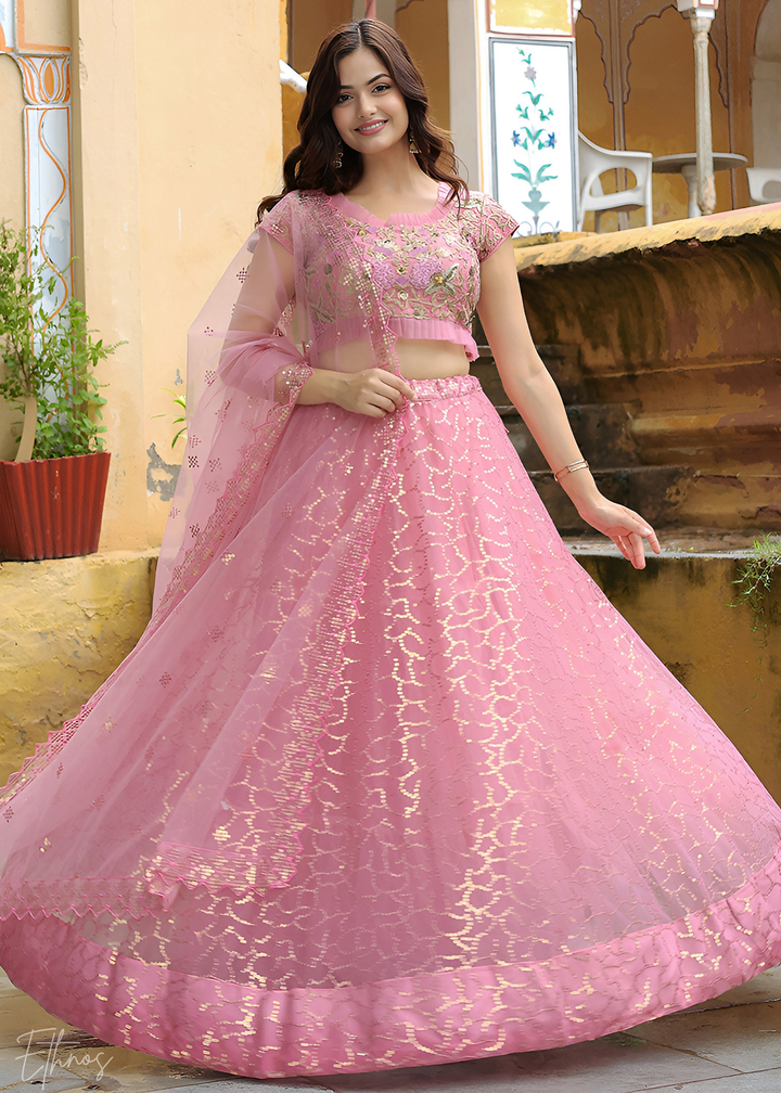 Bubblegum Pink Soft Net Lehnga With Dupatta