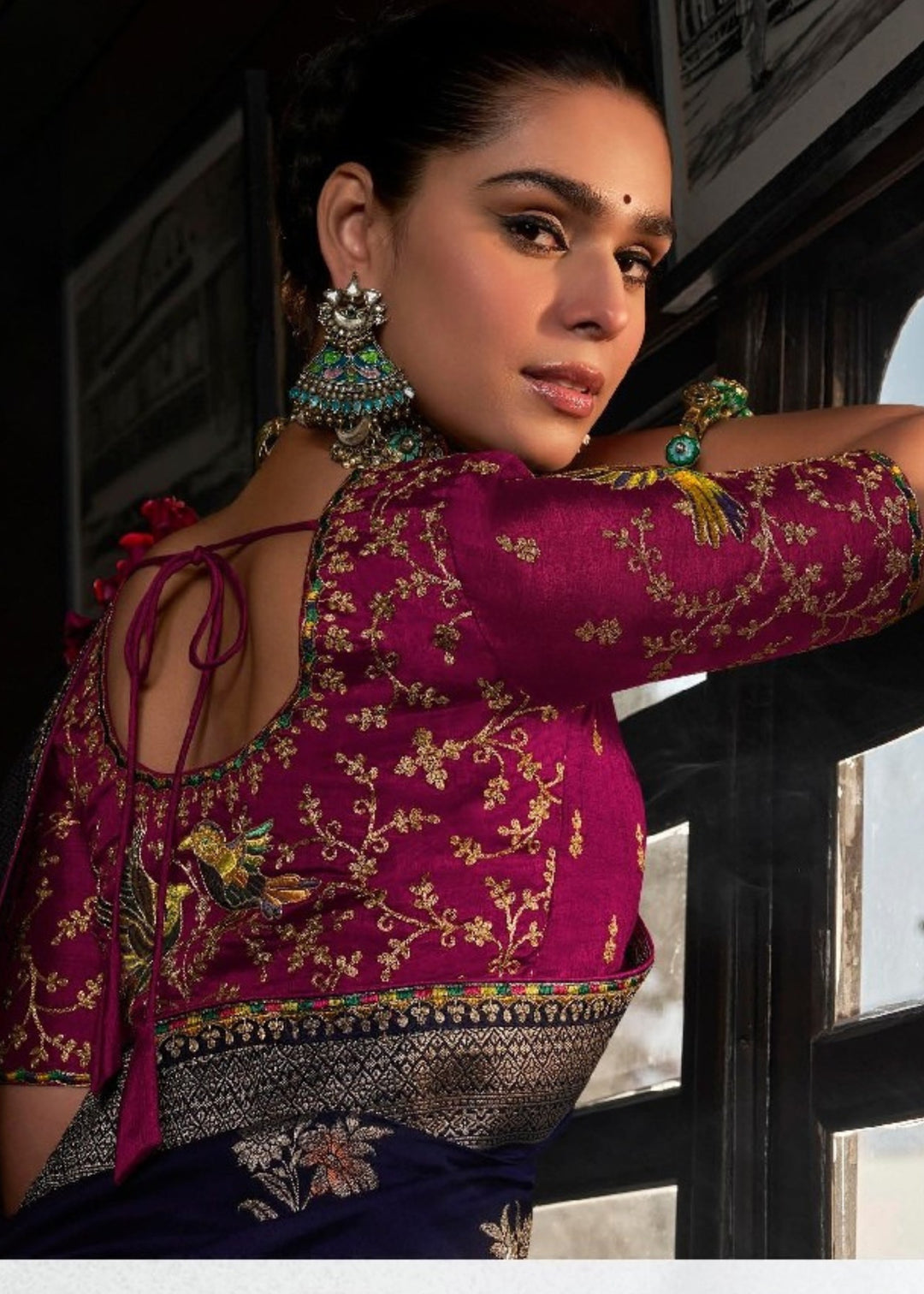 Navy Blue Soft Dola Viscous Silk with 3d Weaved Pallu and contrast blouse Saree