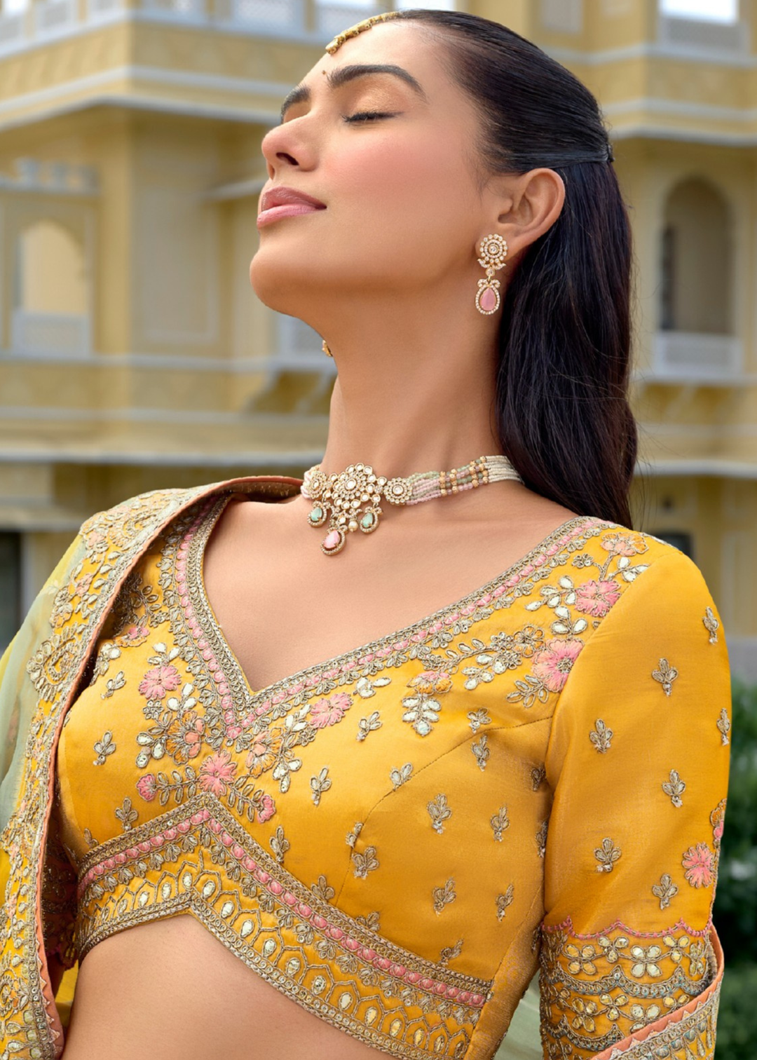 Sage Green And Mustard Silk Lehenga With Cut Work Border And Embroidery