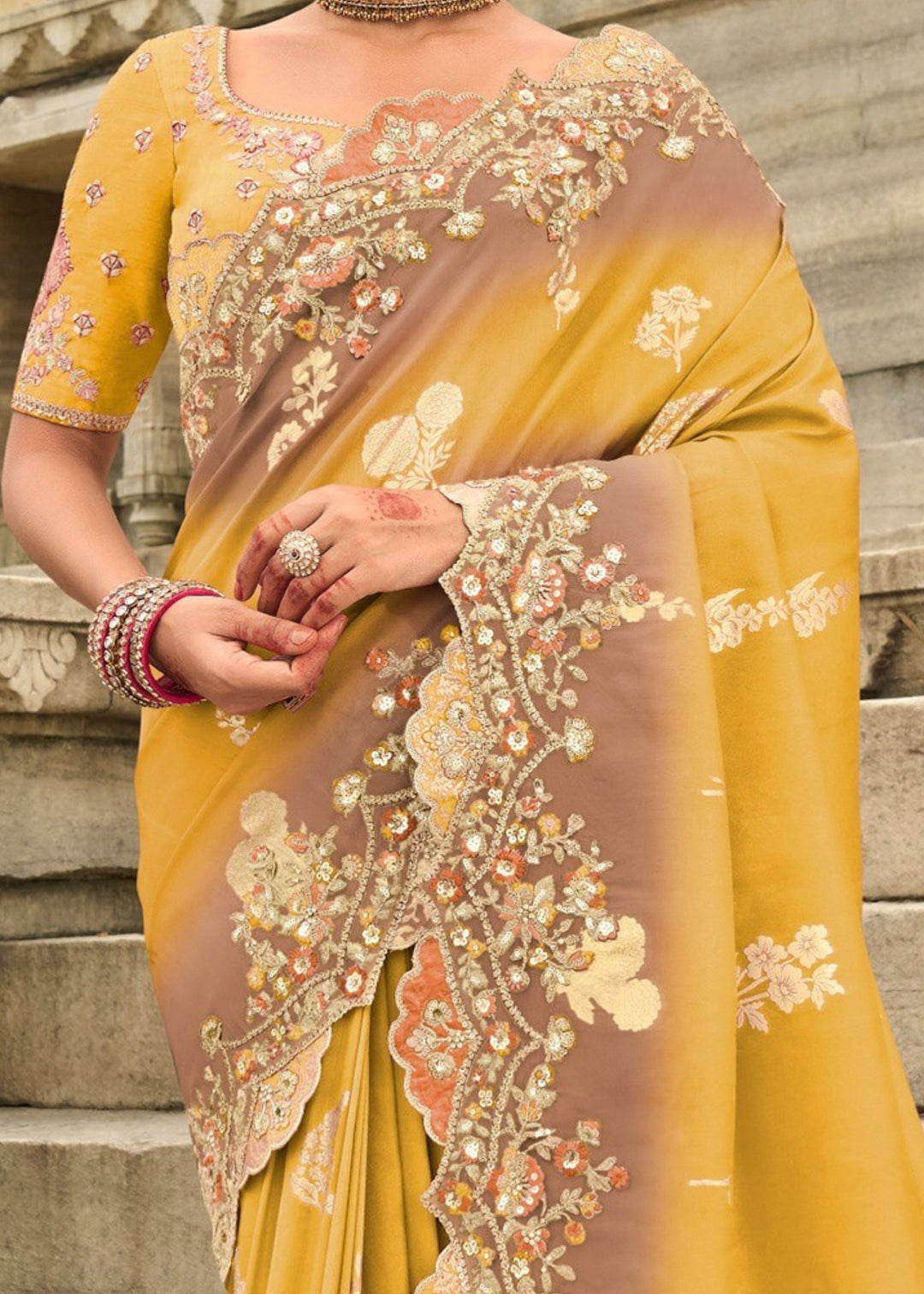 Saffron Silk Saree With Embroidery Cut and Butti Work