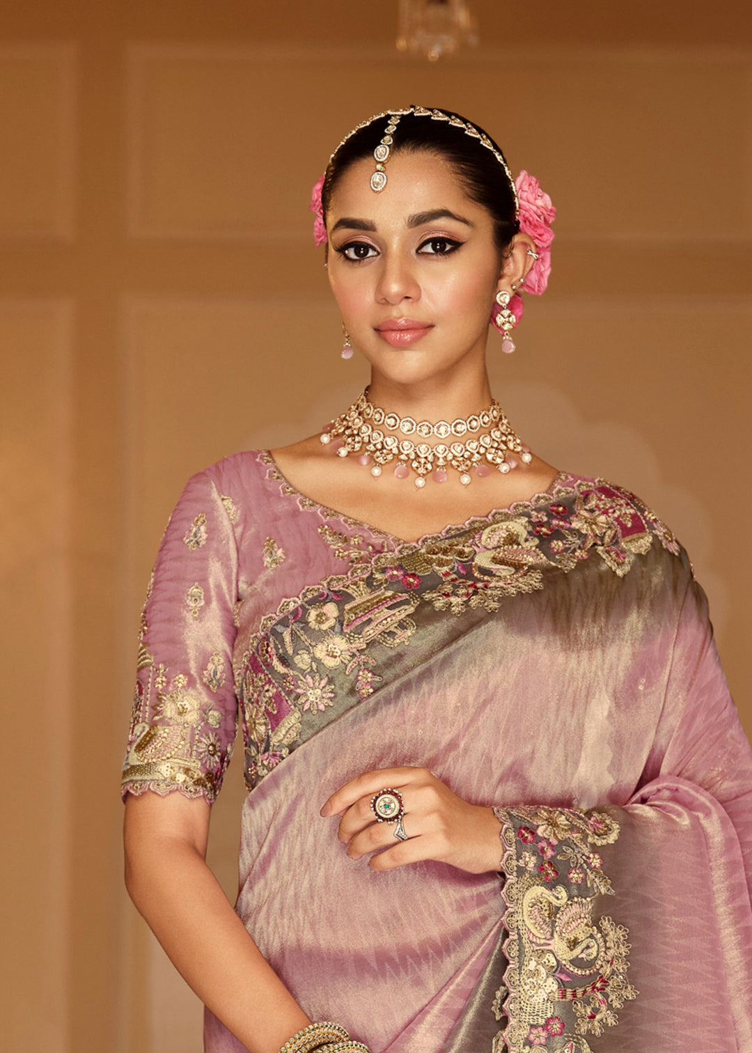 Lavender Mauve with Silver-Grey embroidery Silk Saree