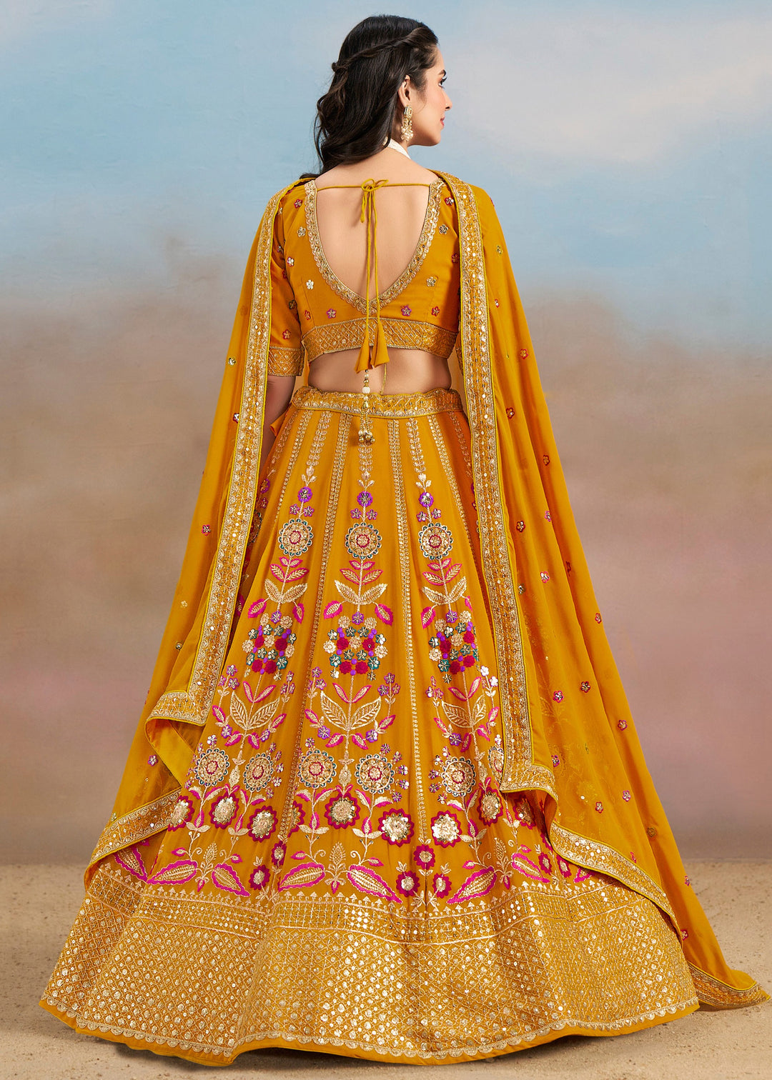 Yellow Sequins And Zari With Dori And Resham Embroidery Work Georgette Lehenga