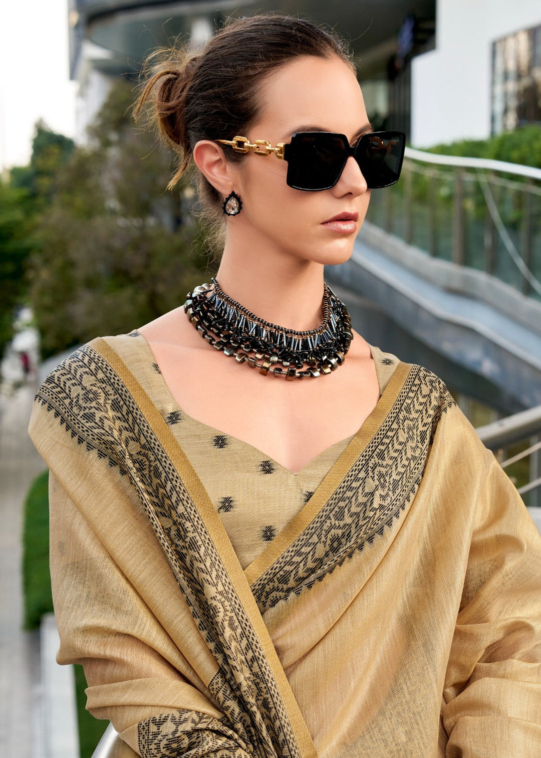 Golden Brown Linen Tissue Silk Saree