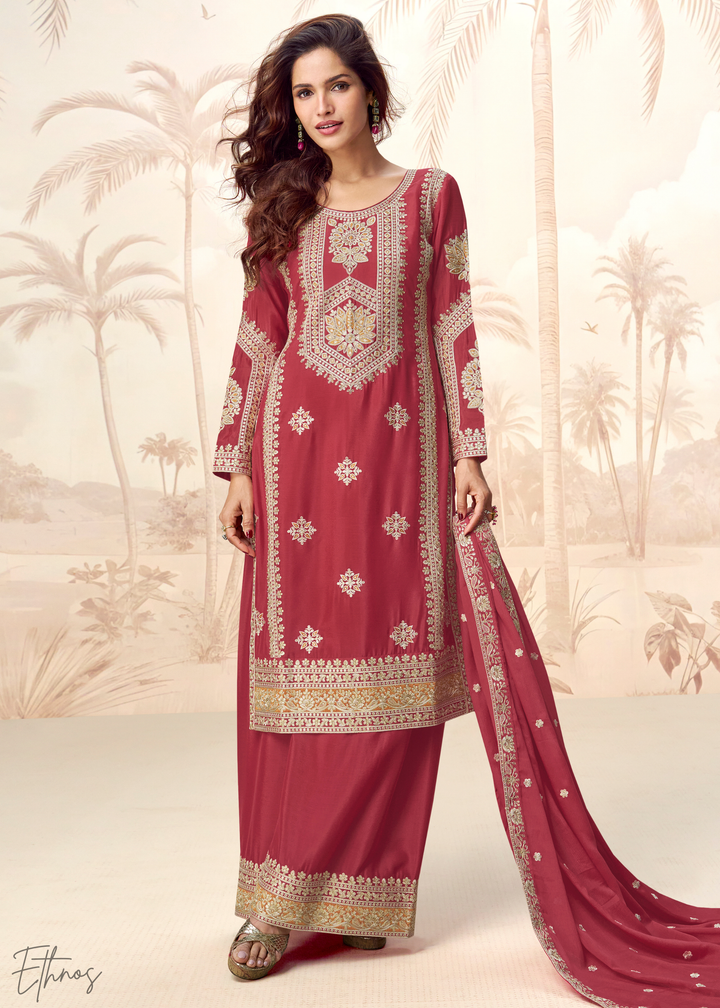 Poppy Red Chinon Silk Palazzo Suit