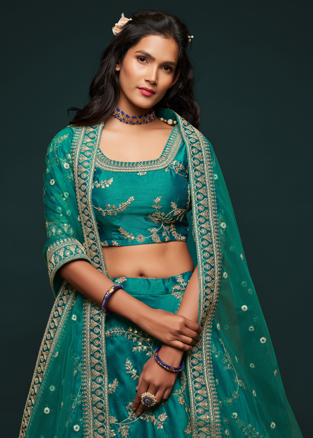 Teal Green Silk Lehenga Choli with Thread,Zari,Dori & Sequins work
