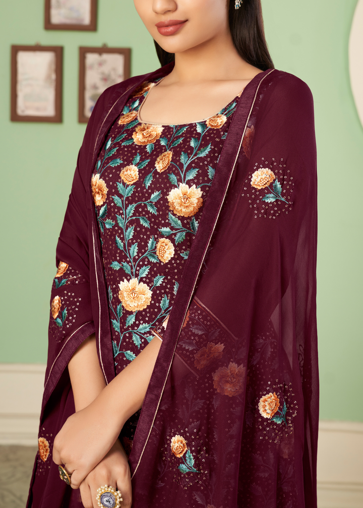 Currant Red Georgette Salwar Suit with Multi Colour Thread Embroidery & Sequence work