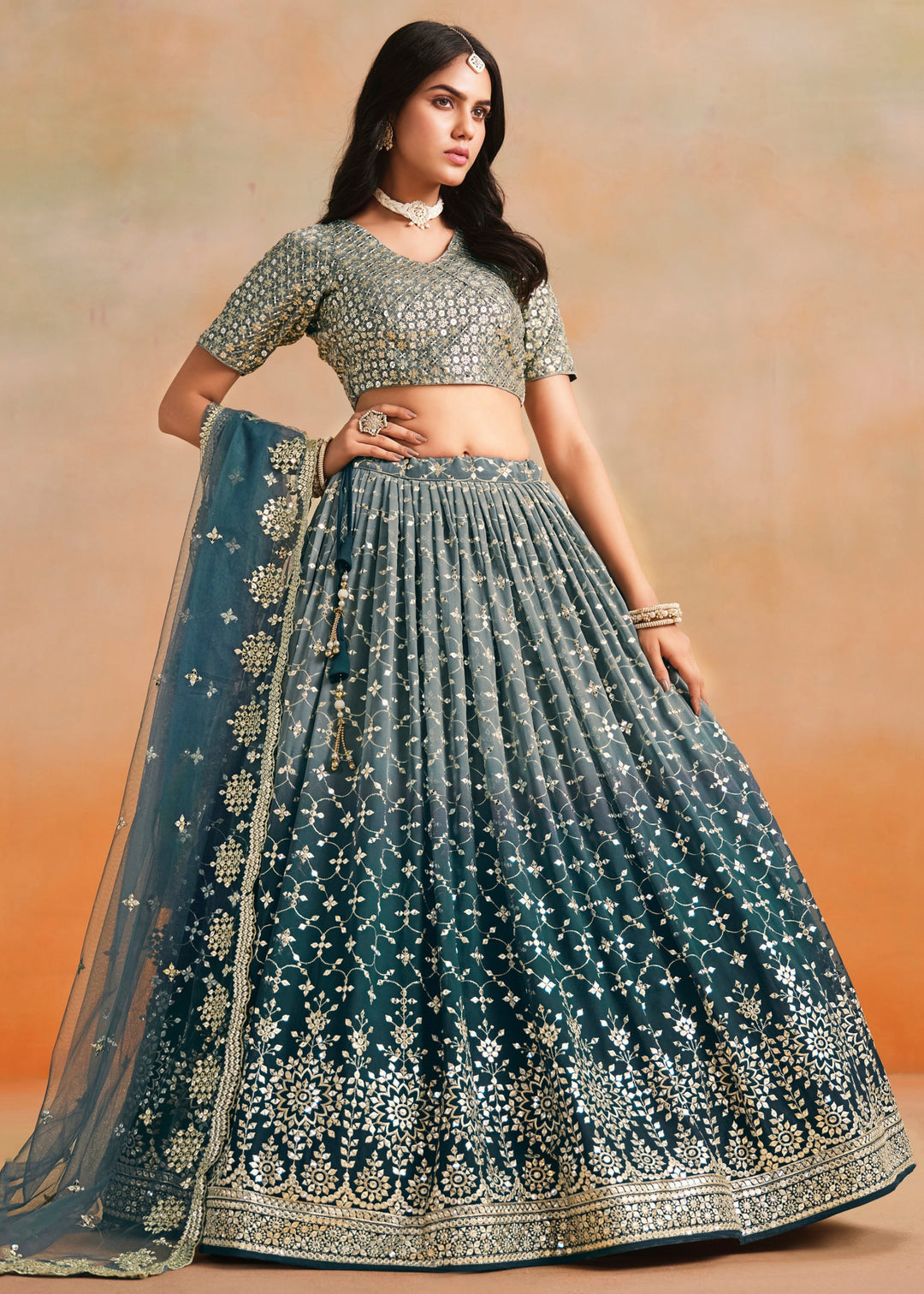Dove Blue Sequins Zari Embroidered Work Georgette Lehenga
