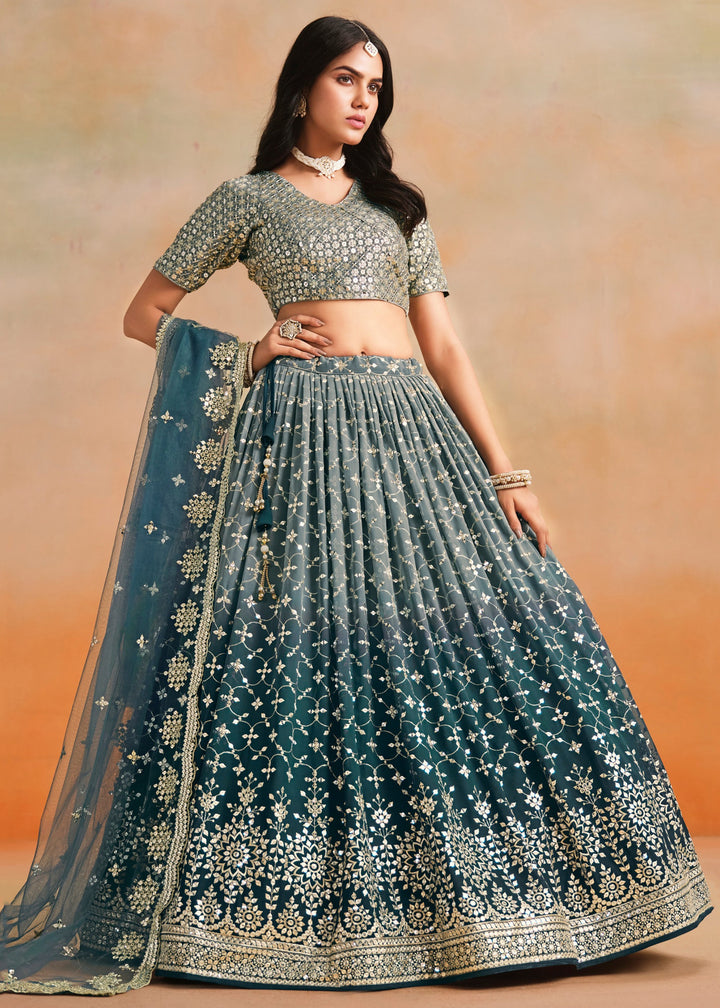 Dove Blue Sequins Zari Embroidered Work Georgette Lehenga