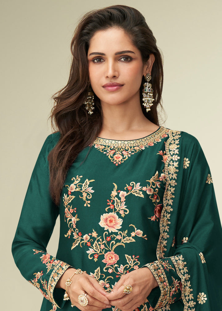 Hunter Green Chinon SIlk Plazo Suit With Embroidered Work