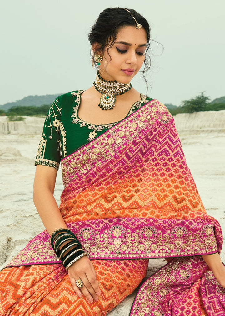 Tangerine Orange & Pink Georgette Bandhej Saree With Moti & Cut-Dana Handwork Border