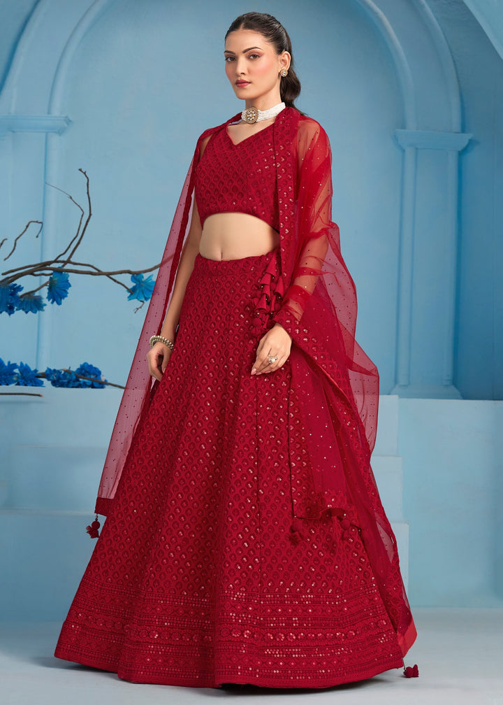 Red Georgette Lehenga With Sequins and Thread Embroidered Work