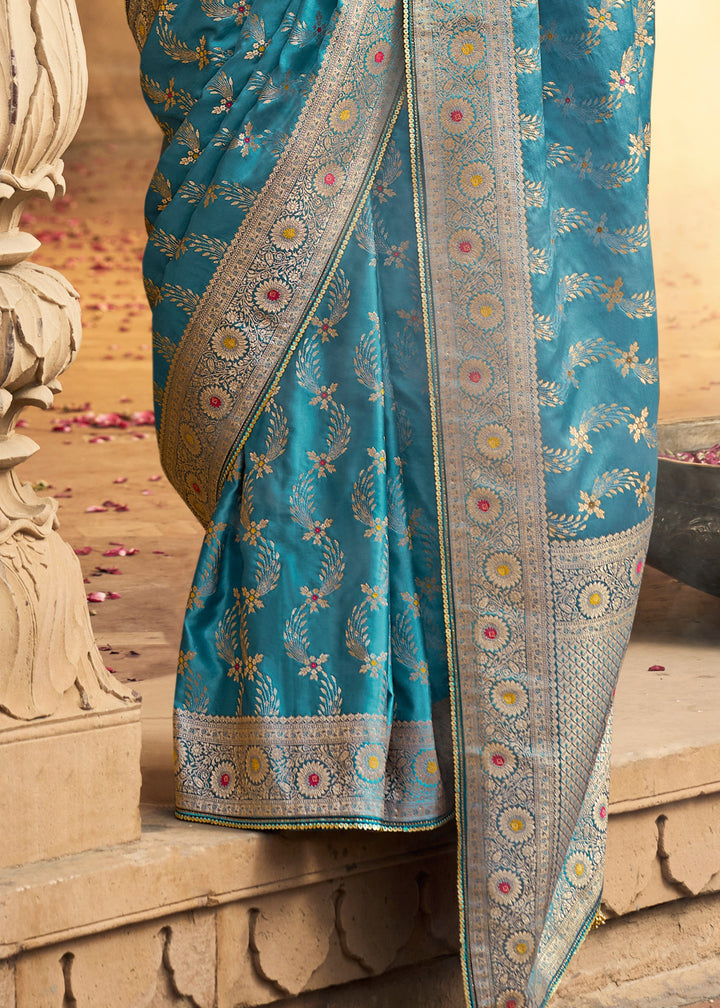 Capri Blue Satin Silk Saree