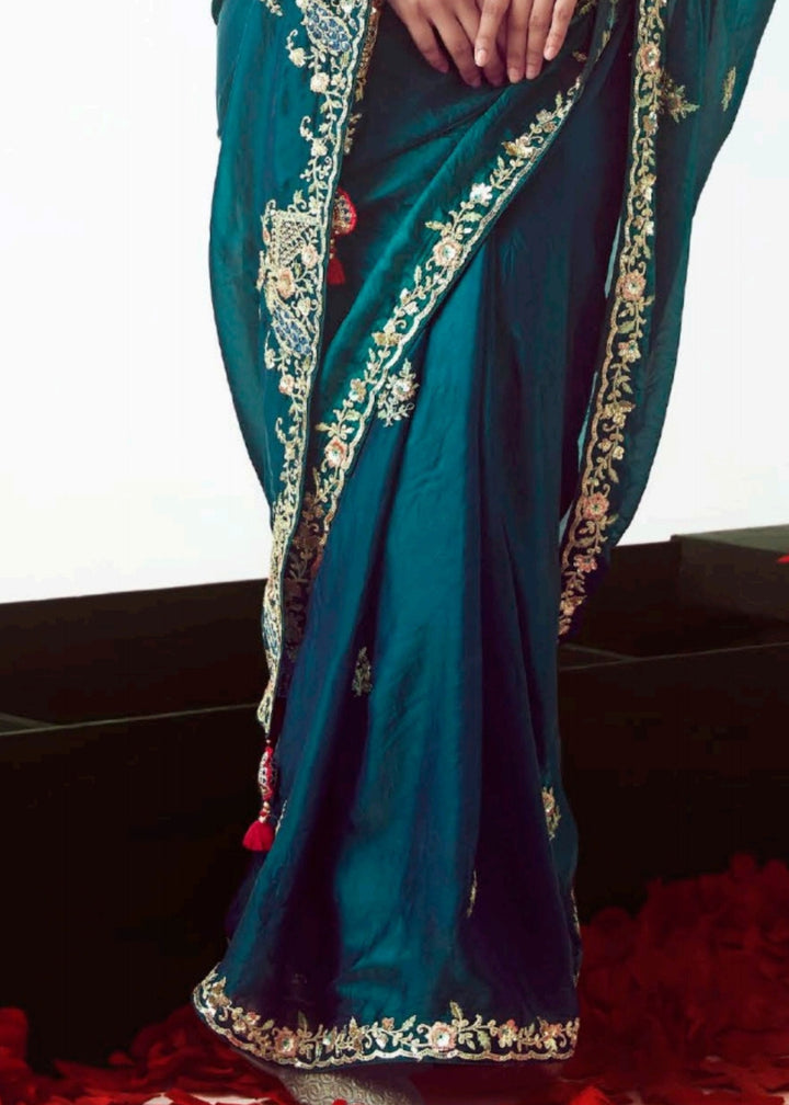 Teal Green Fancy Fabric Silk Saree With Hand Embroidered Work And Cut Work Border