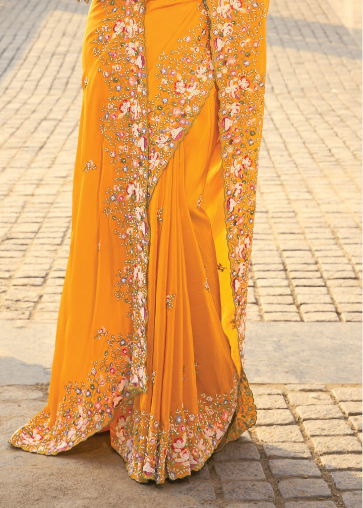 Mustard Pure Crape Saree With Moti Work