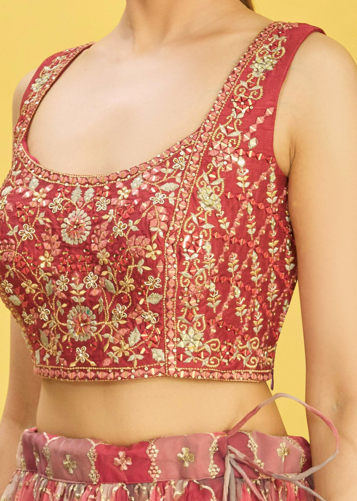 Shades Of Red Digital Printed Organza Lehenga with Thread,Zari & Sequins Work