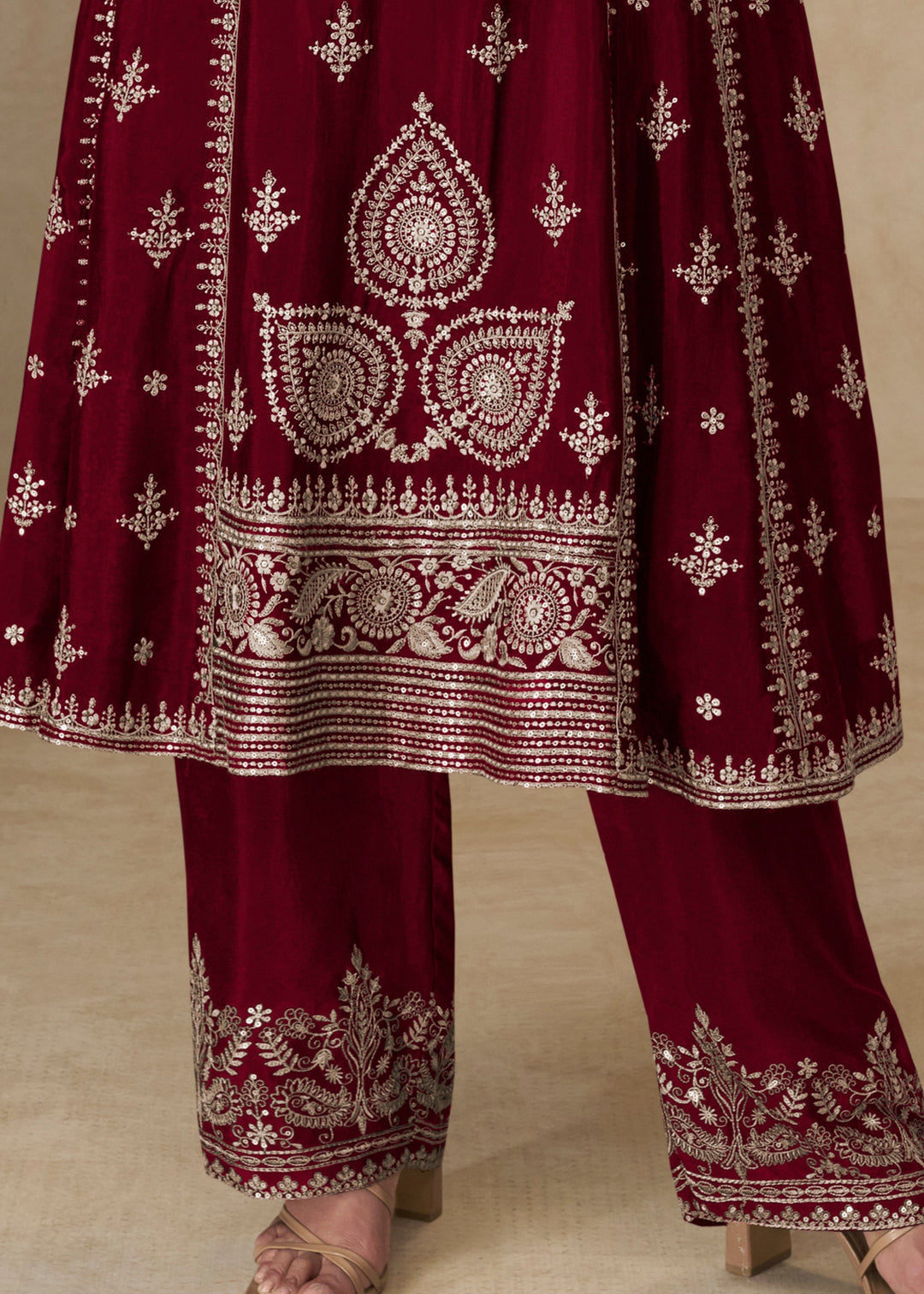 Garnet Red Chinon Silk Suit With Embroidery Work