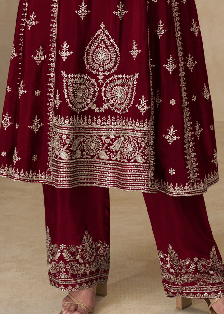 Garnet Red Chinon Silk Suit With Embroidery Work