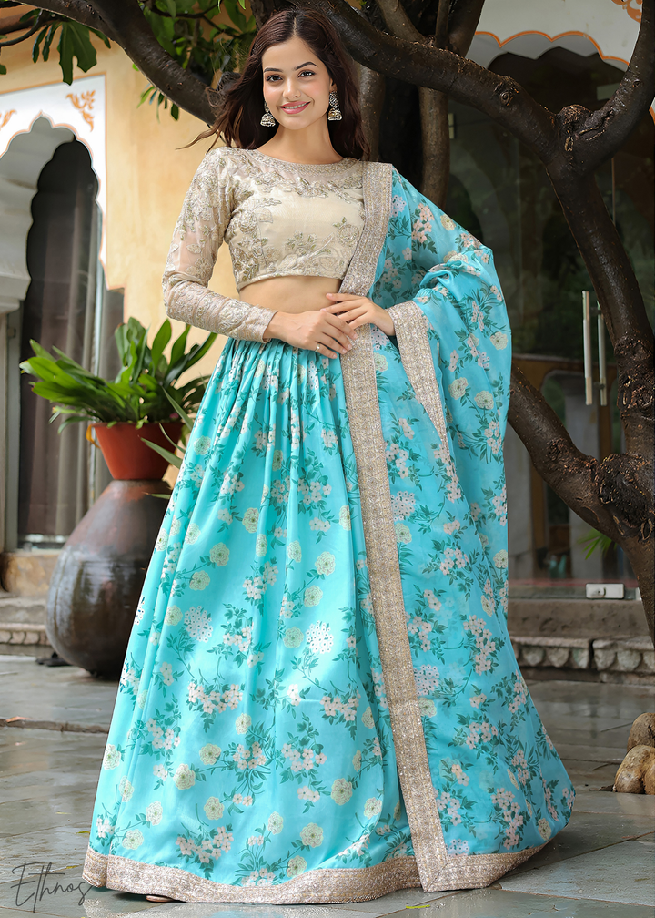 Sky Blue Organza Lehenga With Dupatta