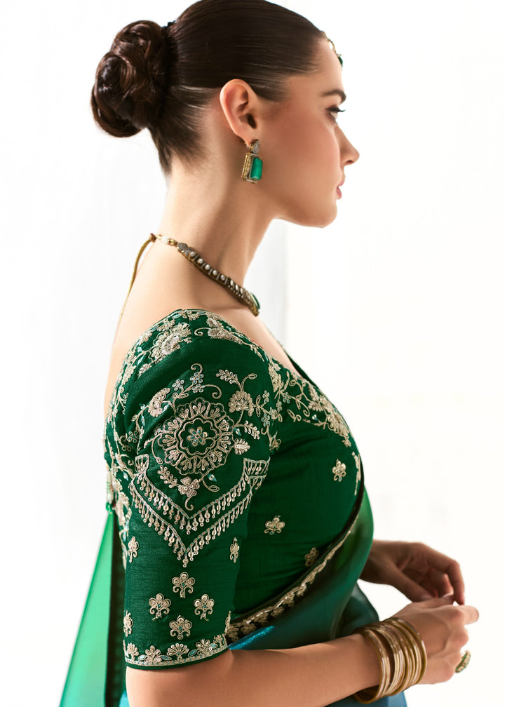 Pine Green Organza Tissue Silk Saree With Heavy Work Border And Designer Blouse