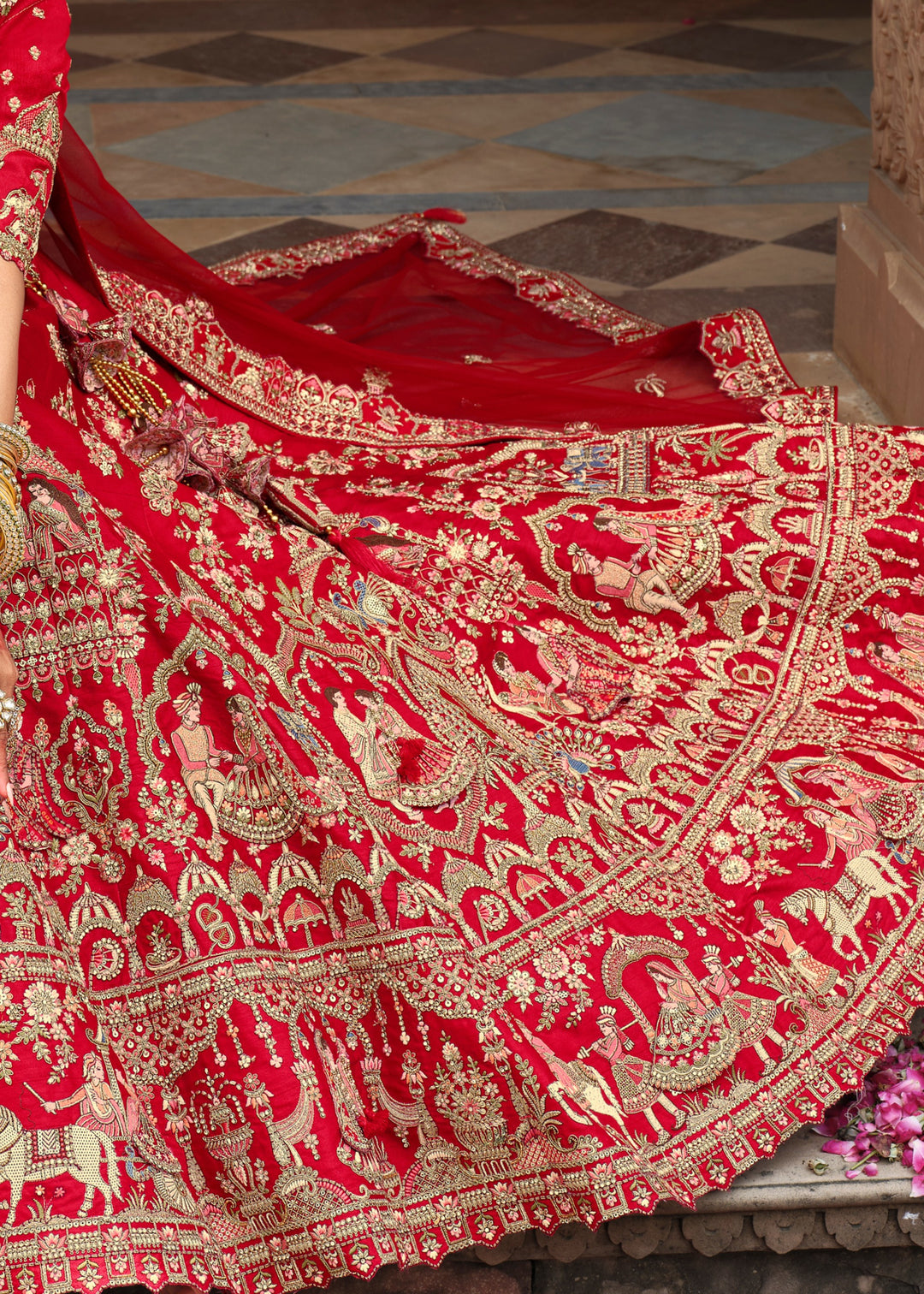 Candy Red Heavy Bridal Silk Lehenga With Khatli And Embroidery Work