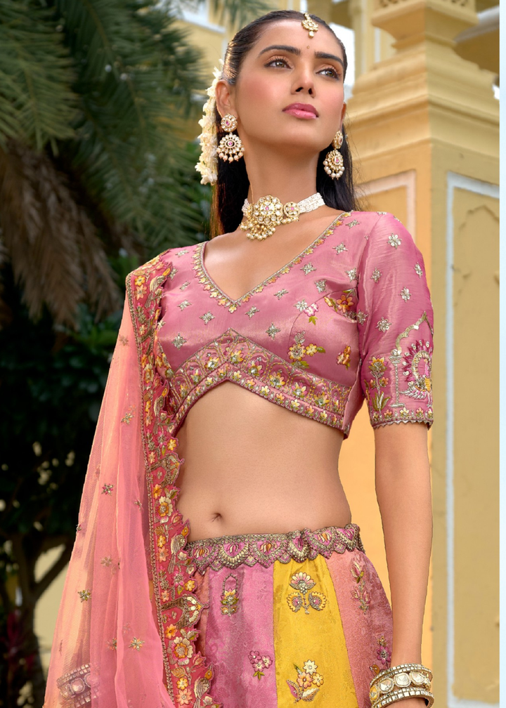 Baby Pink And Peach Silk Lehenga With Cut Work Border And Embroidery