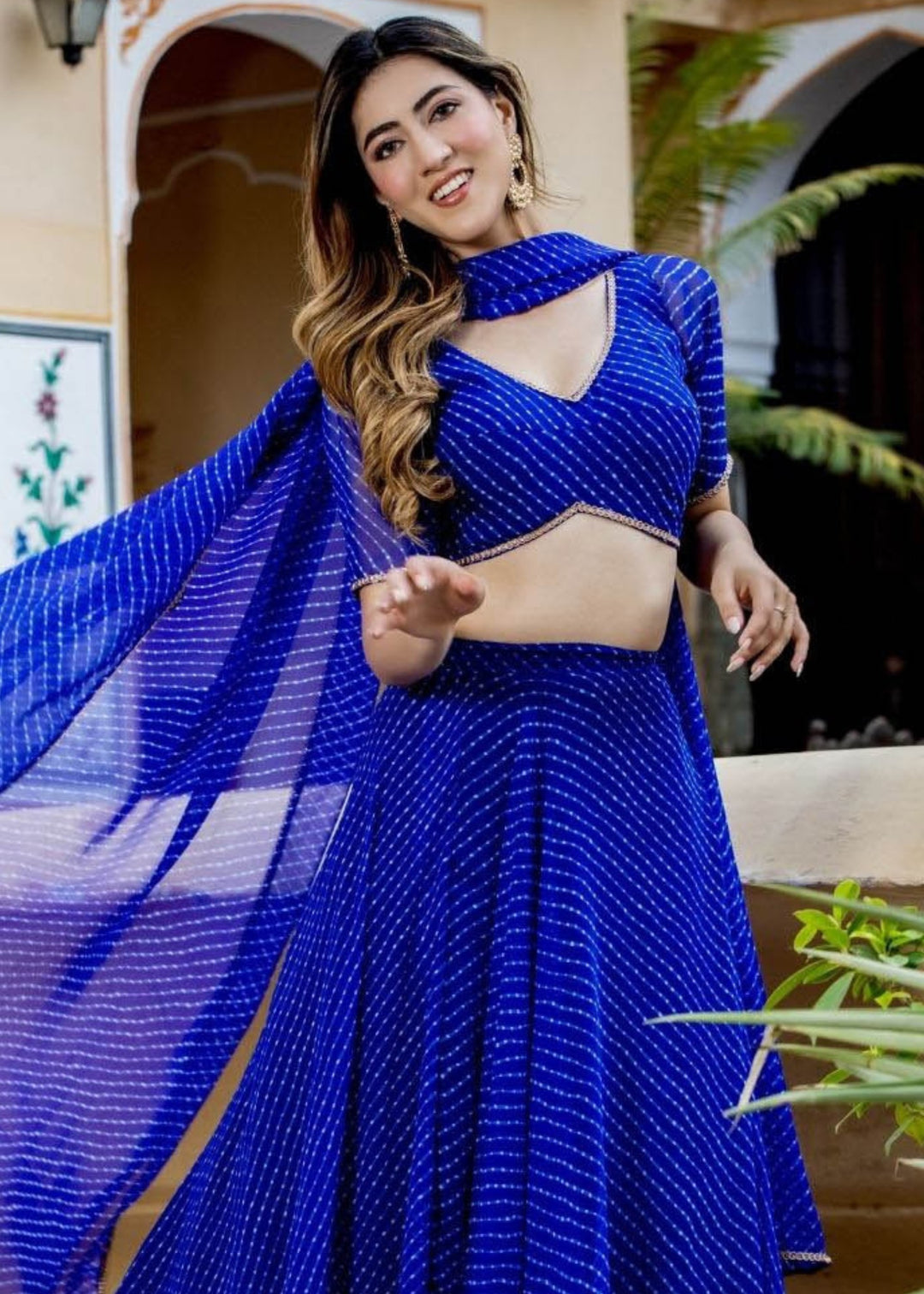 Azure Blue Georgette Leheriya Print Lehenga With Zari And Lace Work