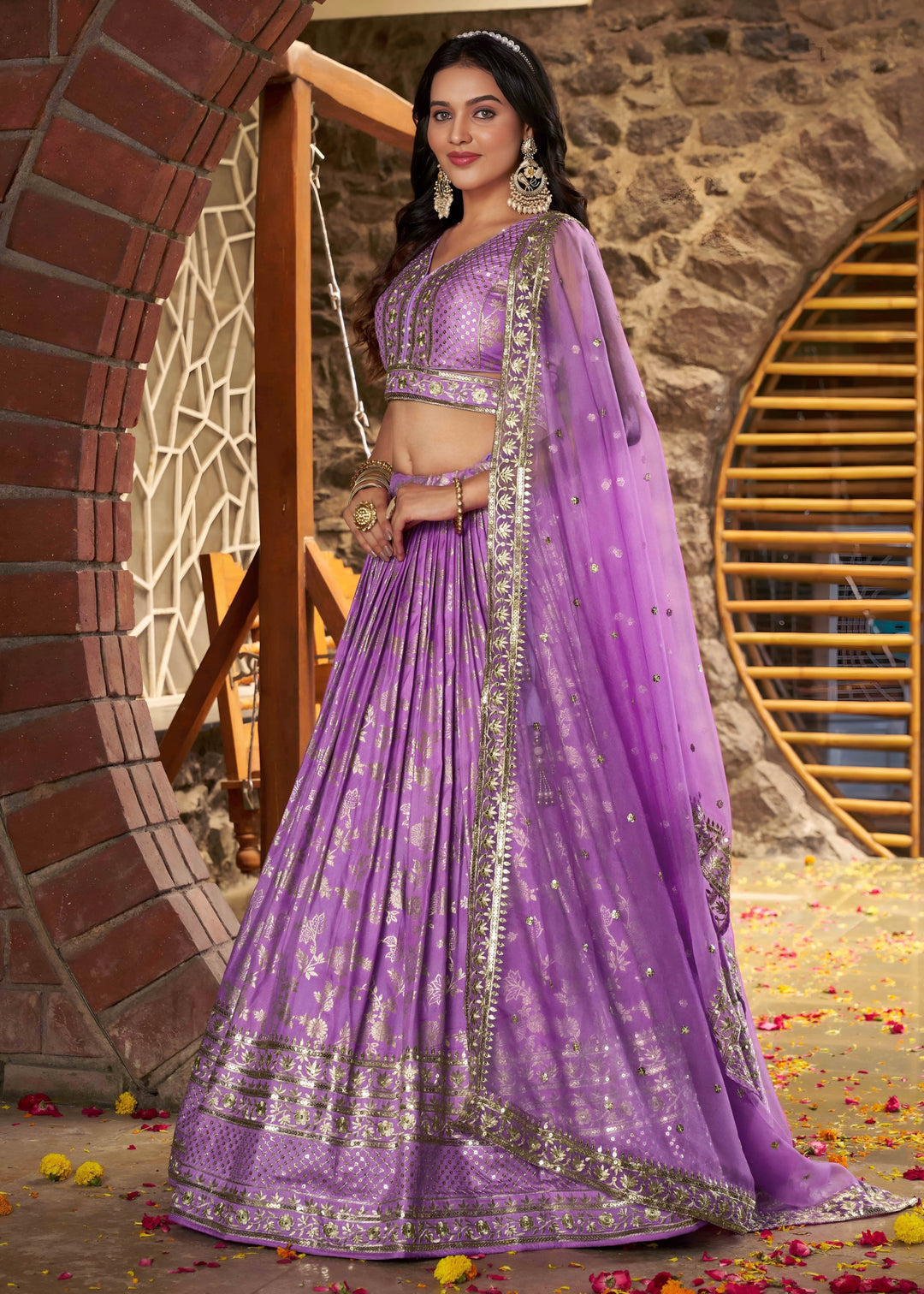 Lavender Sequins and Zari Embroidery Work Silk Lehenga