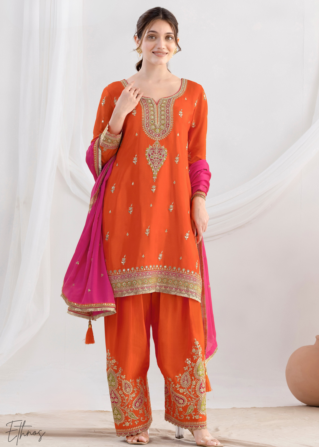 Pumpkin Orange Chinnon Silk Salwar Suit