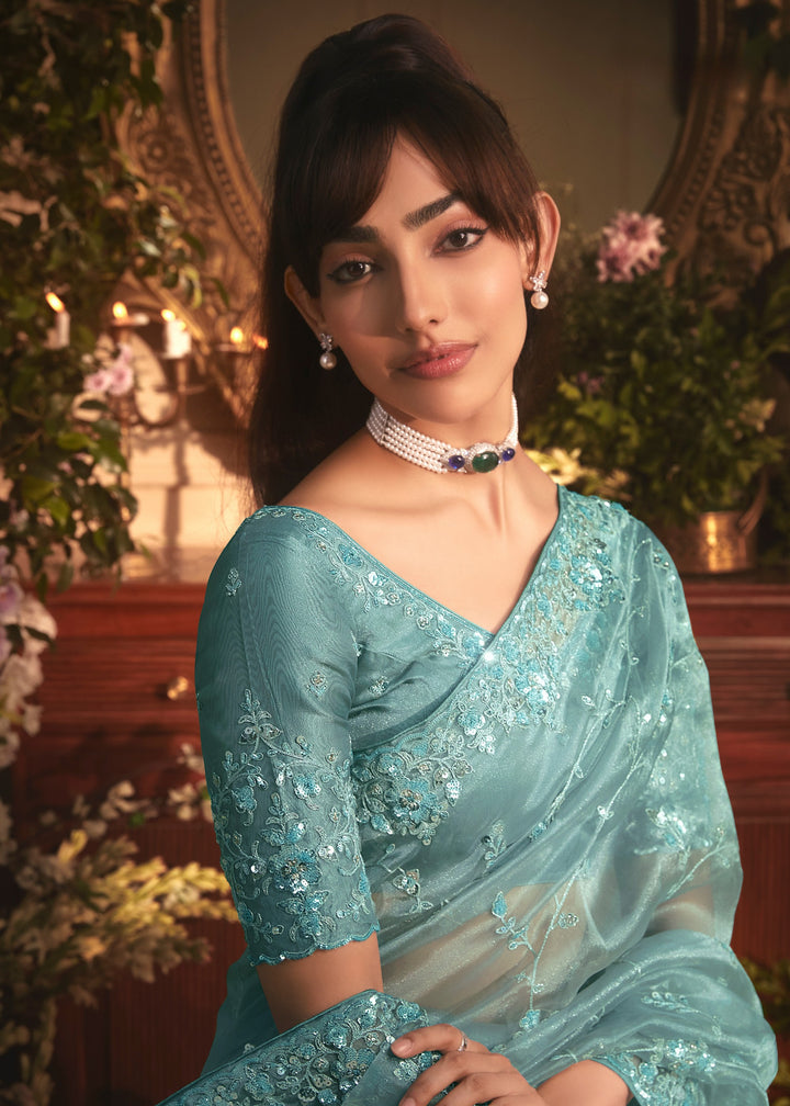 Aqua Blue Tissue Organza Saree With Heavy Embroidery