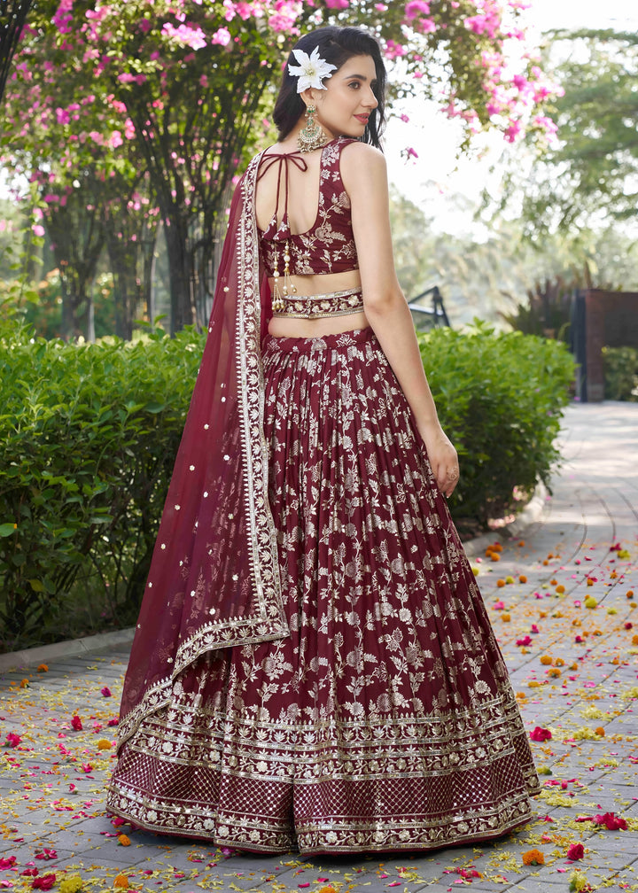 Maroon Sequins and Zari Embroidery Work Silk Lehenga