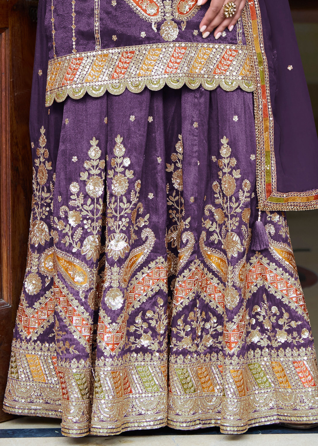 Regal Purple Simmer Silk Palazzo Suit With Embroidered Work