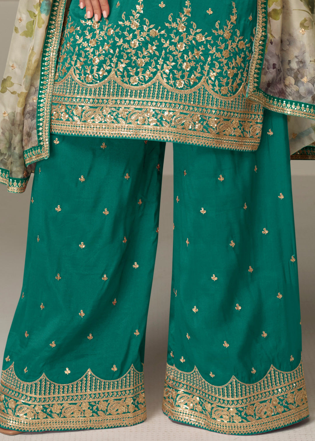 Deep Emerald Green Palazzo Silk Suit With Floral Dupatta