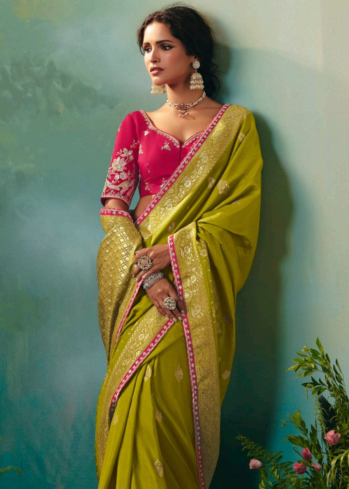 Olive Green Pure Viscose Dola Silk Saree with Zari Weaving & Embroidered Blouse