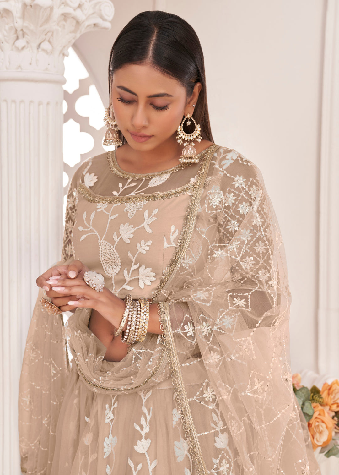 Sand Brown Designer Soft Net Lehenga With Cotton Thread And Sequins Embroidery Work