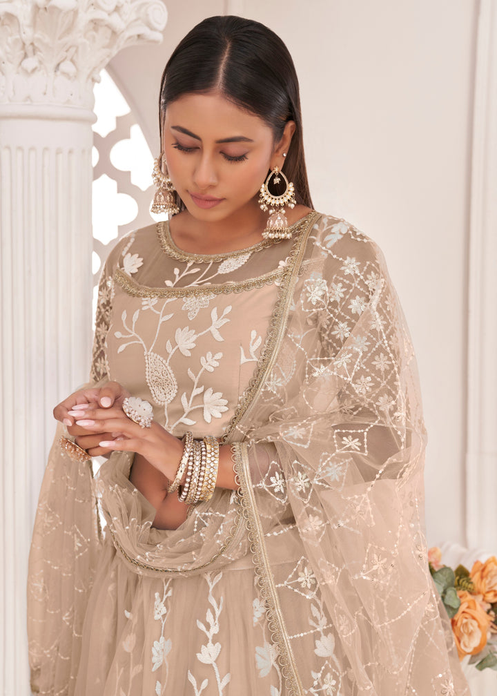 Sand Brown Designer Soft Net Lehenga With Cotton Thread And Sequins Embroidery Work