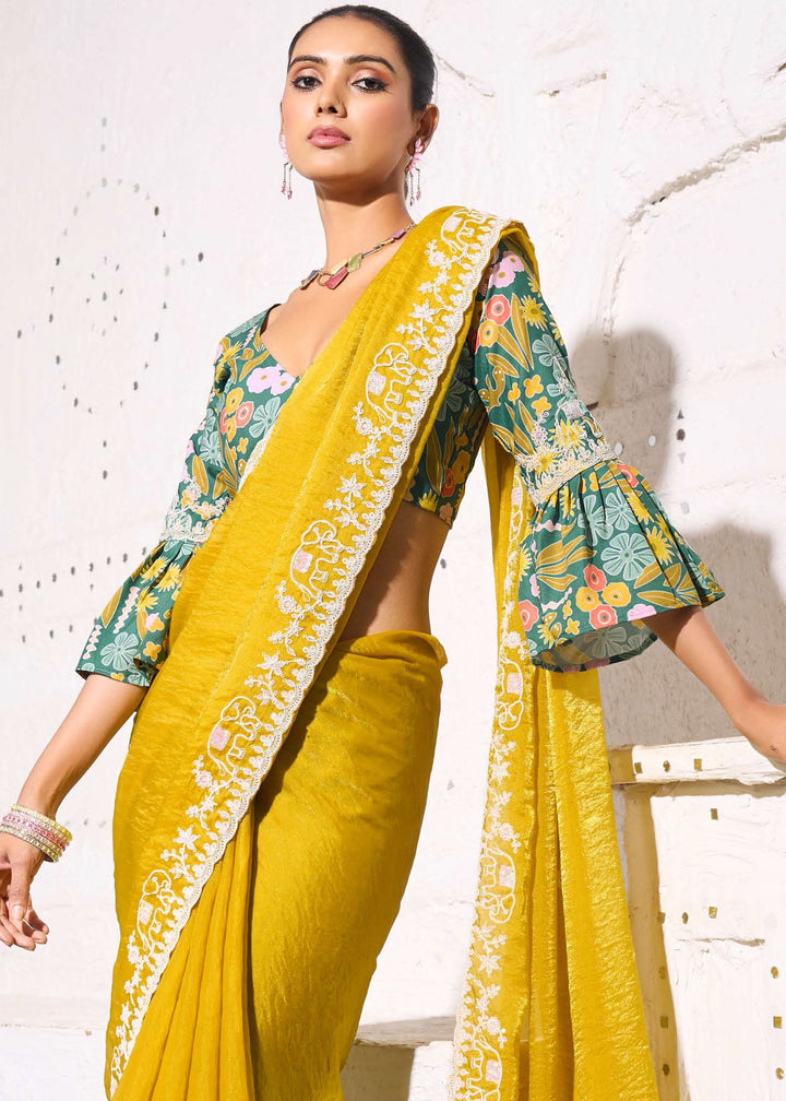 Saffron Yellow Gold Crush Tissue Silk Saree With Beautiful Blouse