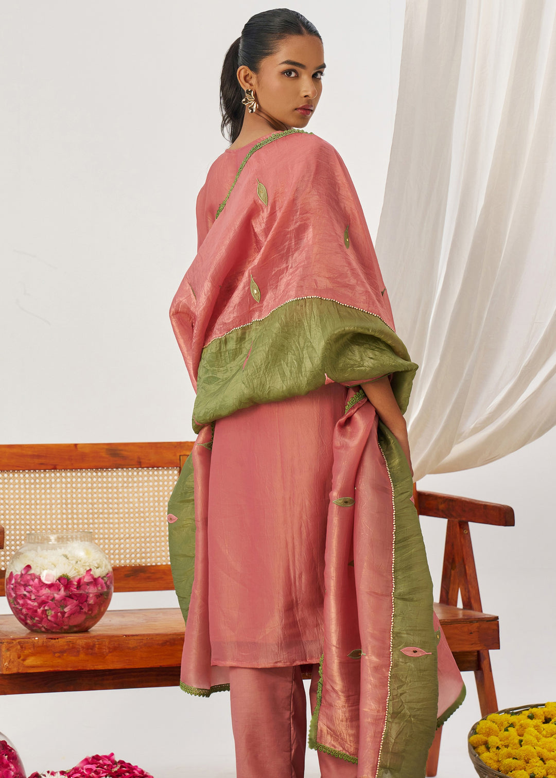 Salmon Pink Silk Pant Suit With Embroidery Work