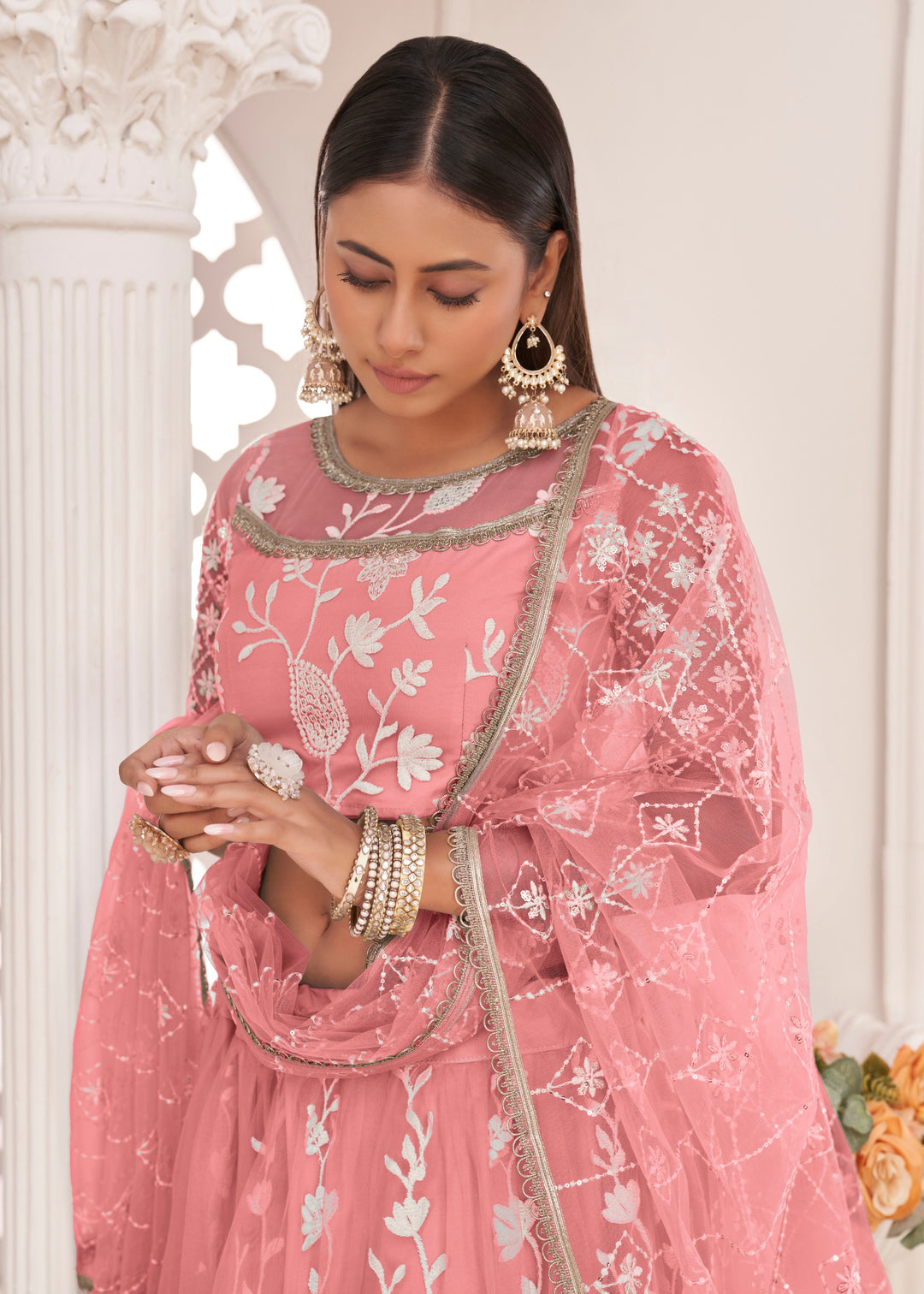 Salmon Pink Designer Soft Net Lehenga With Cotton Thread And Sequins Embroidery Work