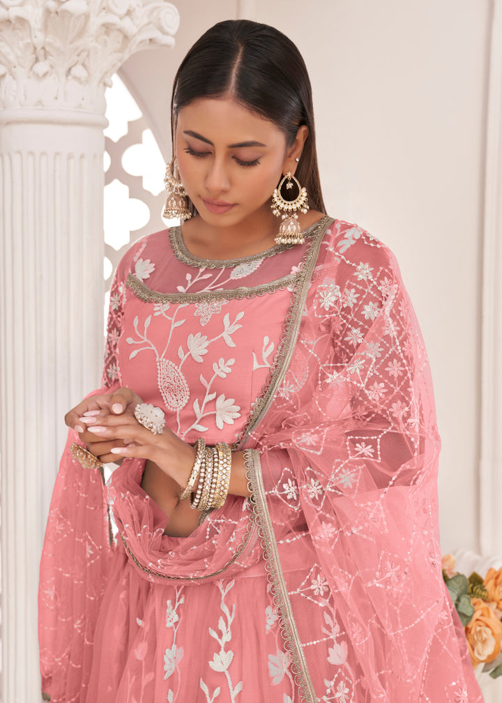 Salmon Pink Designer Soft Net Lehenga With Cotton Thread And Sequins Embroidery Work