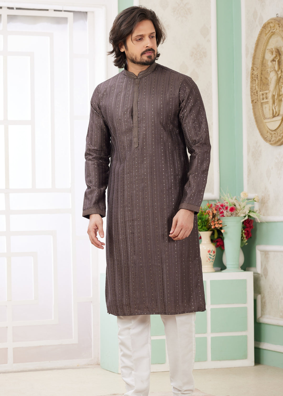 Mocha Brown Silk Mens Kurta Set With Thread Embroidery Work