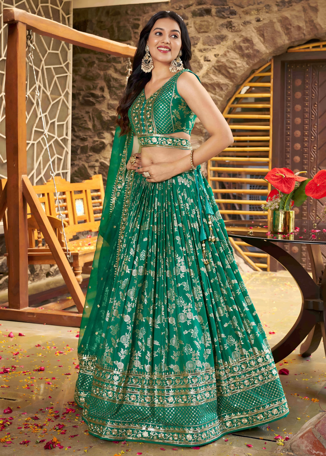 Rama Green Sequins and Zari Embroidery Work Silk Lehenga