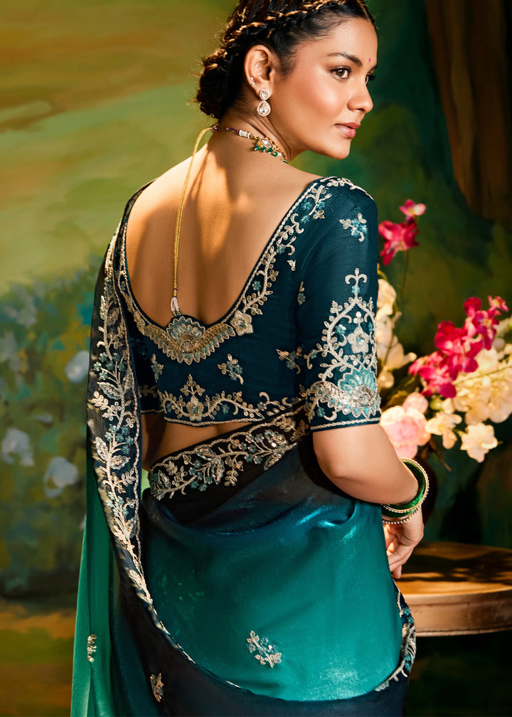 Peacock Blue Saree With Embroidery And Handwork Designer Cut Border