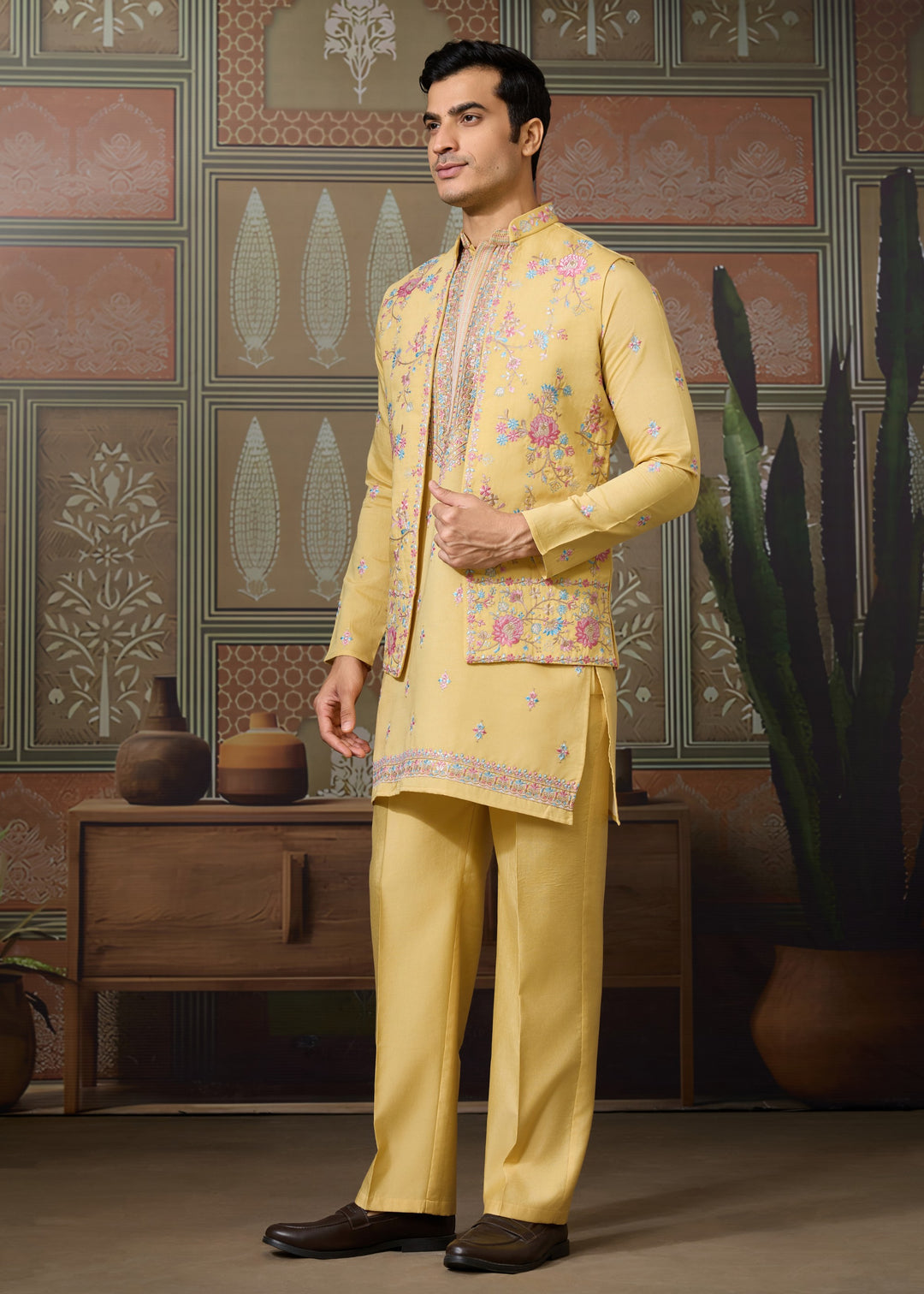 Mustard Yellow Mens Wear Koti Style with Silk Kurta and Pajama