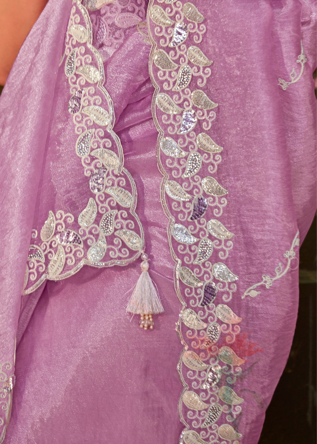 Lavender Saree With Embroidery And Handwork Designer Cut Border